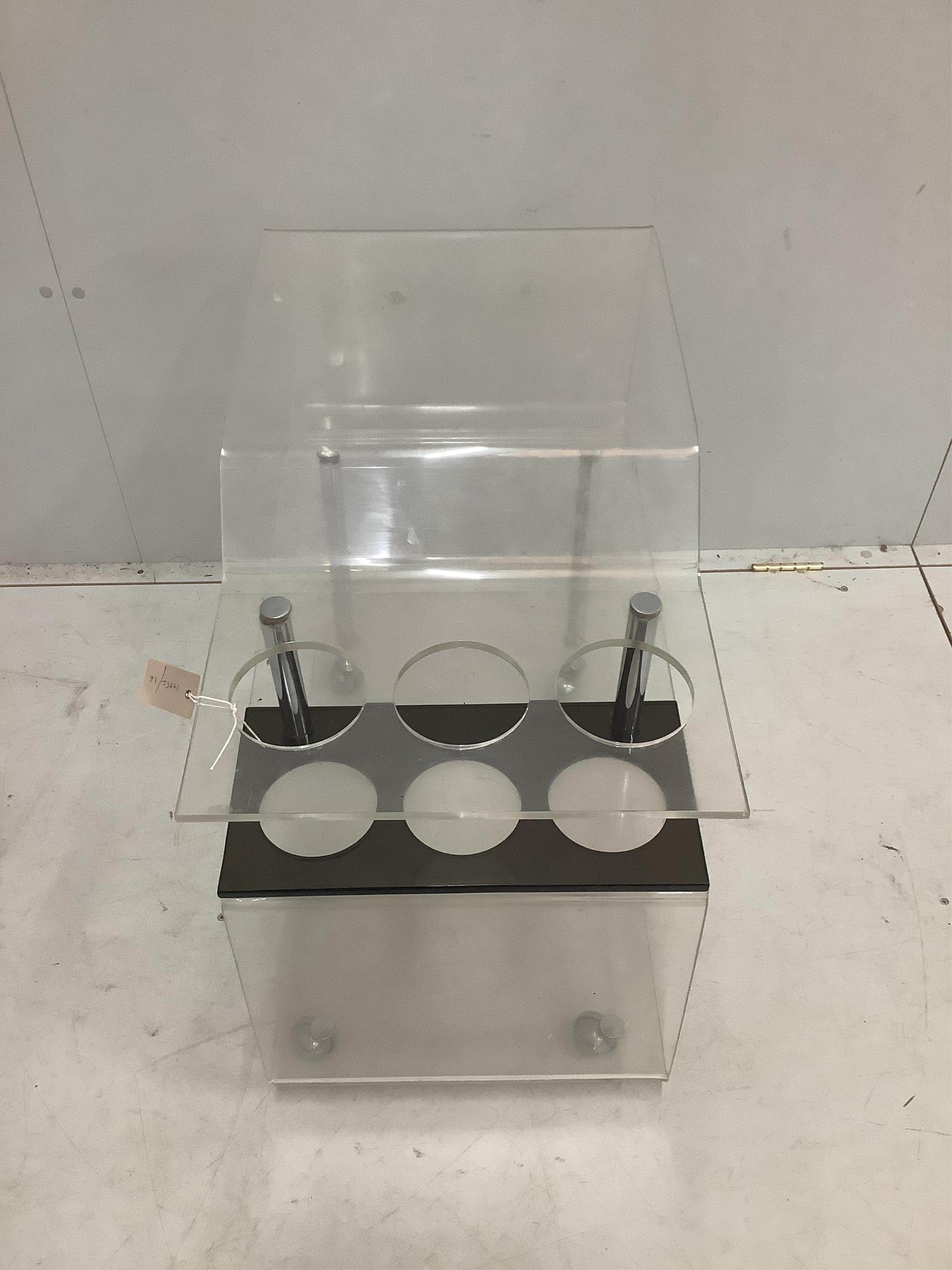 A mid century acrylic drinks trolley, width 40cm, depth 69cm, height 65cm. Condition - fair